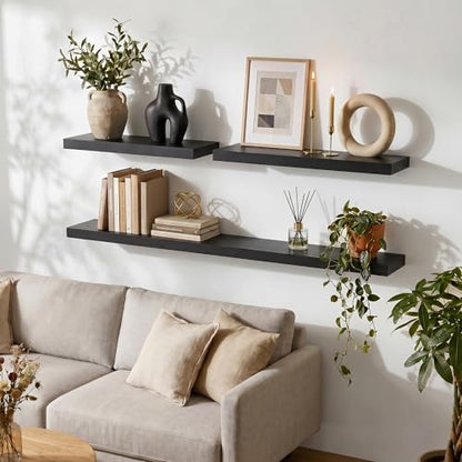 fuqing 20 Inch Floating Shelves, 6.7 Inch Deep Black Wall Shelves Set of 2 | 20'' x 6.7'' x 1.4'' Black Wood Shelves for Bathroom, Living Room, 35LBS, Lightweight, Hardware Included, Waterproof Finish - color: Black, size: 20 Inch