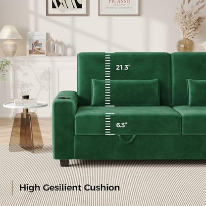COPIAE Loveseat Sofa, Larger Couch Velvet Fabric with Storage, Charging Ports, Heightened Backrests, Removable Cover Modern Comfy Couches Easy Assembly for Living Room, 88 Inch Green - color: Green
