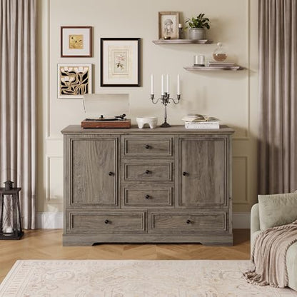 GarveeHome 47" Farmhouse Sideboard Buffet Cabinet, Sideboard Storage credenza with 5 Drawers and 2 Doors, Wood Coffee Bar Cabinet, Buffet Table for Dining Room Living Room, Grey - color: Grey