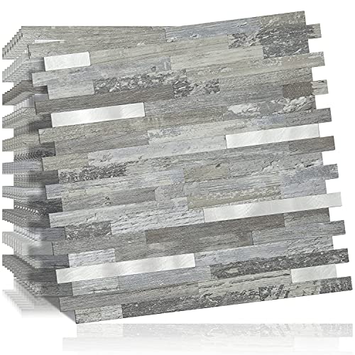 DICOFUN 10-Sheet Peel and Stick Backsplash Wall Tile, PVC Kitchen Backsplash Peel and Stick in Distressed Wood, 9.4 sq.ft - color: Distressed Wood and Metal Silver, size: 10 Sheets, 12’’x12’’x0.12’’