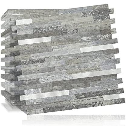 DICOFUN 10-Sheet Peel and Stick Backsplash Wall Tile, PVC Kitchen Backsplash Peel and Stick in Distressed Wood, 9.4 sq.ft - color: Distressed Wood and Metal Silver, size: 10 Sheets, 12’’x12’’x0.12’’