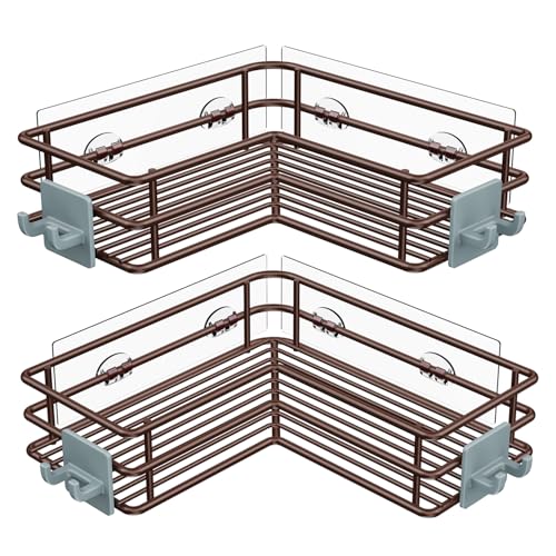 Nieifi Corner Shower Shelves, Adhesive Shower Caddy, Bathroom Organization | Stainless steel, 2 pack, wall mounted, bathroom shelves, shampoo and soap holder, bathtub storage, with hooks, brown - color: Brown