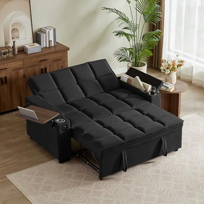 66" Multi-Functional Pull-Out Sofa Bed with Hidden Side Table, Storage Armrests, Built-in Charging Port, Spring Mattress, Solid Wood Frame – Ideal for Small Spaces, Easy Assembly - color: 1007-black