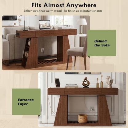 KEIKI 60" Narrow Console Table with Built-in Power Outlet, Farmhouse Sofa Table Behind Couch with Side Storage Compartment & Slatted Shelf, Entryway Foyer Hallway Accent Table, Rustic Walnut