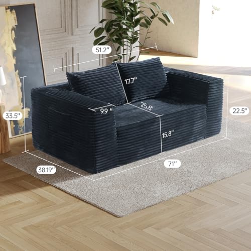 Loveseat Sofa, 71" Boneless Couch with 2 Lumbar Pillows, No Assembly | 2-Seater Foam Sofa for Living Room, Bedroom, Office, Dorm, Comfy Plush Corduroy