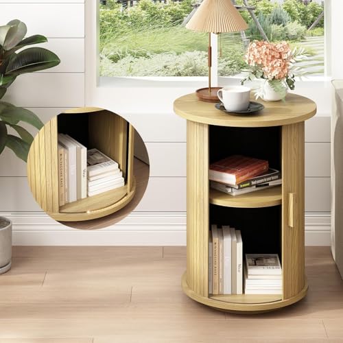 Wnutrees Round Fluted End Table, Small Accent Pedestal Side Table with Sliding Door & 2 Tier Storage Shelf, Wood Fluted Nightstand Bedside Table for Living Room, Bedroom, Natural
