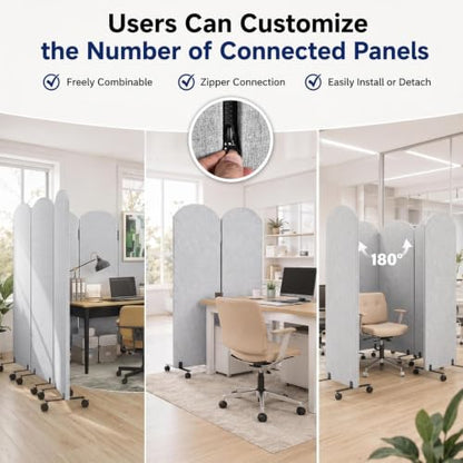3-Panel Office wall Divider W/Wheels, 72 x 66 in Portable Partition wall | Office Dividers for Sound Proofing & Reducing, Freestandings Privacy Cubicle Temporary Wall with Whiteboards, pen, thumbtacks - color: Light Gray