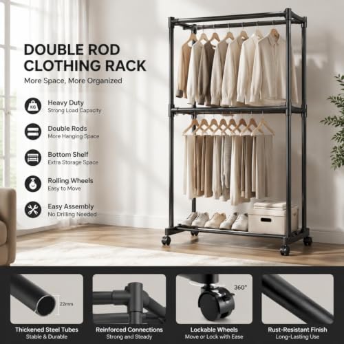 Double Rods Clothes Rack, Heavy Duty Metal Garment Rack with Wheels & Shelf