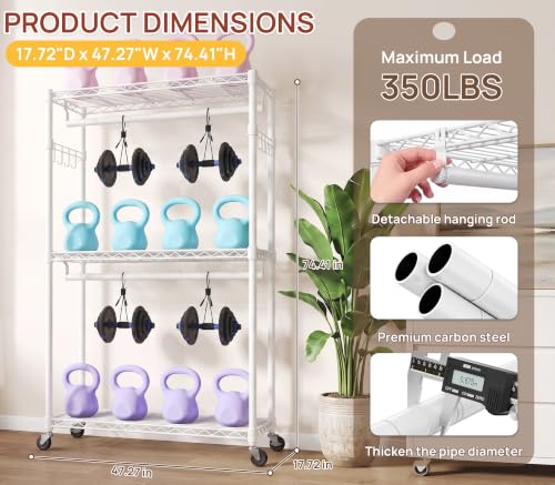 Heavy Duty Clothes Rack Load 350 LBS, Hanging Rods Clothes Rack, Black | Clothes Organizer Rack, Heavy-Duty Frame, Removable Rods, Side Hooks, Silent Casters, No Tools, Walk-In Closet, Small Space - color: WHITE, size: 45IN
