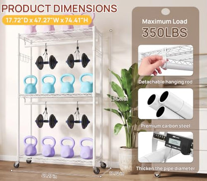 Heavy Duty Clothes Rack Load 350 LBS, Hanging Rods Clothes Rack, Black | Clothes Organizer Rack, Heavy-Duty Frame, Removable Rods, Side Hooks, Silent Casters, No Tools, Walk-In Closet, Small Space - color: WHITE, size: 45IN