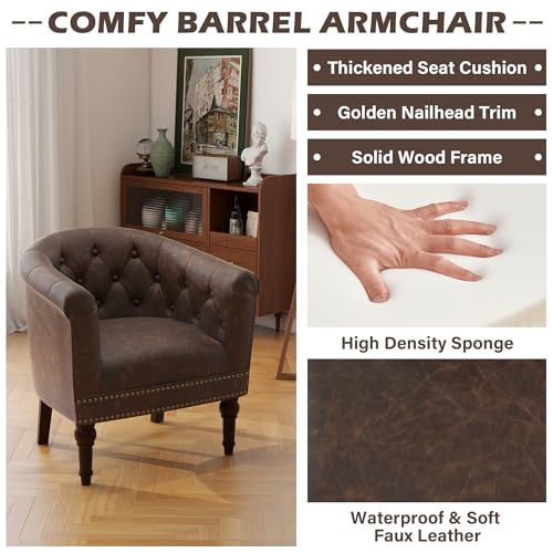 PU Leather Barrel Accent Chair, Modern Upholstered Armchair, Chocolate | Comfy Living Room Chair, Nailed Trim Barrel Arm Chair Bedroom Reading Seat | 27"D x 30"W x 30"H - color: Chocolate