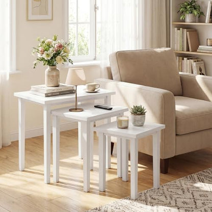 Giantex Nesting Tables Set of 3, Farmhouse Stacking Side Table with Rubber Legs, Wooden Rectangle Accent End Table, Nesting Coffee Tables for Living Room Bedroom (White) - color: White