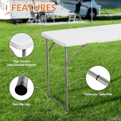 Elevon 4 Feet Heavy Duty Folding Table with Adjustable Height, Fold-in-Half Portable Table for Indoor Outdoor Use - Camping, Picnic, Party, Wedding, Dining, Utility Table - size: 4 feet