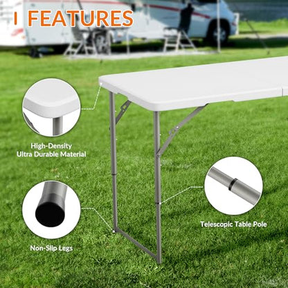 Elevon 4 Feet Heavy Duty Folding Table with Adjustable Height, Fold-in-Half Portable Table for Indoor Outdoor Use - Camping, Picnic, Party, Wedding, Dining, Utility Table - size: 4 feet