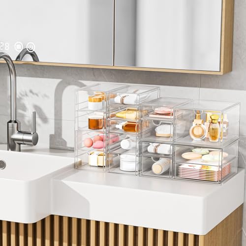 YFXCVSL 6-Pack Acrylic 31-Drawer Storage & Makeup Organizer for Desk | Smooth-glide drawers, clear acrylic, stackable, dustproof, wipe-clean, for makeup palettes, lipsticks, blushes, cotton pads - size: 31 Drawers