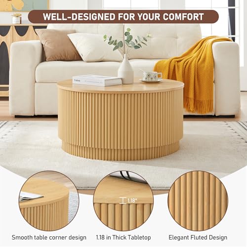LEVNARY 31.5" Round Coffee Table with Storage, Boho Coffee Tables with Fluted Base, Wooden Circle Accent Center Table for Living Room Small Space Apartment Office (Natural) - color: Natural 31.5" Round Flip-top