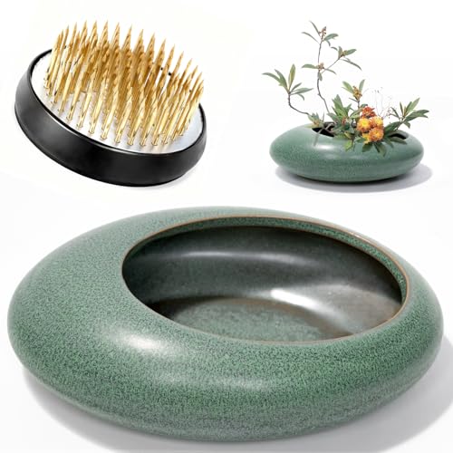 Flower Frog Vase Kit, 2-Inch Brass Florist Frog for Arrangements and Ceramic Water Drop Pot, Elegant Ikebana Flower Holder for Cut Flowers, Floral Decor Kit(Green Large Size) - color: Green, size: Large Size