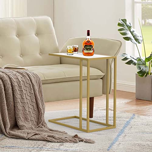 Marble Side Couch Table Gold Rectangle Tables for Small Spaces Coffee Table, Modern Accent Tables Narrow End Table for Living Room, Bedroom Slide Under Sofa Tables - 19" L x 12" W x 24" H | Modern Accent Tables Narrow End Table for Living Room, Bedroom Sl