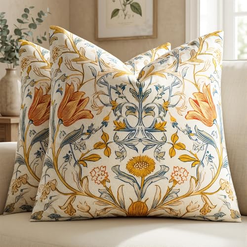 GIGIZAZA Decorative Velvet Pillow Covers 26x26 Euro Floral Pack of 2 | Throw Pillows for Couch Sofa,Vintage William Morris Pattern,280gsm Thick Soft Fabric,Modern Bed Living Room Decoration - color: Euro Floral, size: 26" x 26" (Pack of 2)