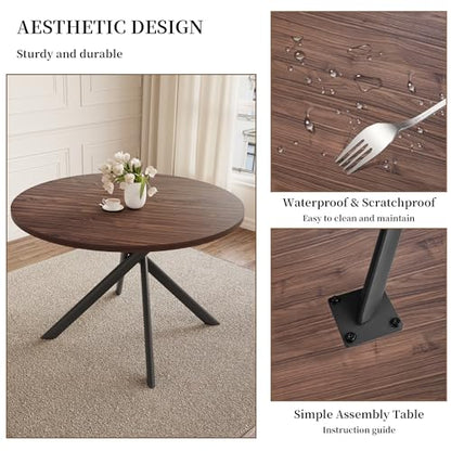 HIPIHOM 45.3 Inch Modern Round Dining Table for 4, Space-Saving Dinette with Carbon Steel Legs for Home Kitchen Apartment(Dark Walnut Table) - color: Walnut Table