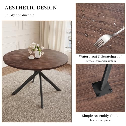HIPIHOM 45.3'' Walnut Round Dining Table Set for 4, Mid Century Modern Small Coffee Set for Dining Room Kitchen Apartment (Dark Walnut Table + 4 Black Chairs) - color: Walnut Table+4 Black Chairs