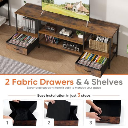 DUMOS 63" TV Stand with Fabric Drawers for 65 70 75 Inches TV | Entertainment Center and Industrial TV Console Table with Open Storage Shelves for Living Room, Bedroom, Rustic Brown - size: 63.0 Inch