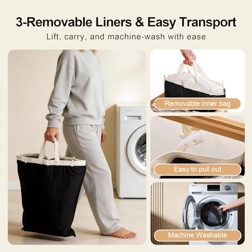 Laundry Basket 160L Laundry Hamper 3 Section, Large 42.3 Gal Separated Laundry Hamper with Lid & Removable Liners, laundry organizer with 6 Pockets & Handles for Bedroom Laundry Room, Beige - color: Beige