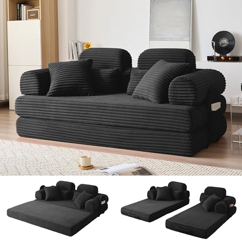 79" Convertible Sofa Bed with Side Pockets, 5-in-1 Corduroy Memory Foam Boneless Couch, Sleeper Loveseat, No Assembly Required, Folding Couches for Living Room (Black) - color: Black, size: 79" High Backrest Sofa with Pocket