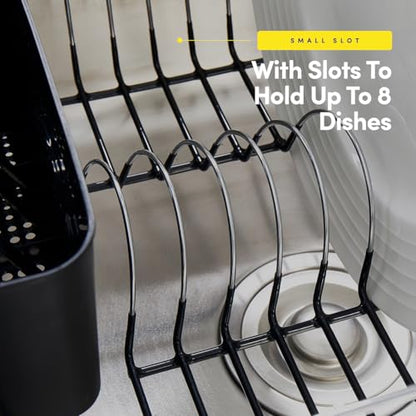 Sweet Home Collection 2 Piece Dish Drying Rack Set Drainer with Utensil Holder Simple Easy to Use Fits in Most Sinks, 14.5" x 13" x 5.25", Black - color: Black