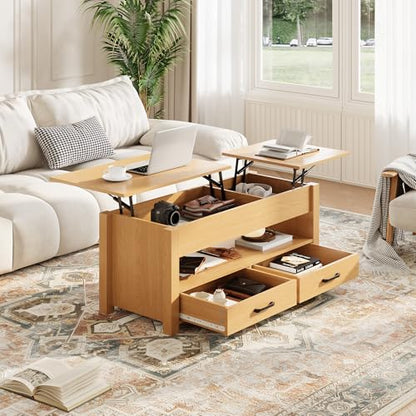 Multifunctional Lift Top Coffee Table, Convertible Wooden Coffee Table with 2 Drawers & Hidden Compartment, Storage Center Table for Living Room Home Office,Natural - color: Natural Wood