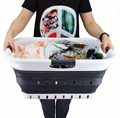 SAMMART 41L Collapsible 3 Handled Plastic Laundry Basket - Foldable Pop Up Storage Container/Organizer - Portable Basket - Space Saving Hamper/Basket (3 handled rectangular, White/Black) - color: White/Black