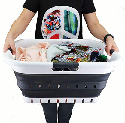 SAMMART 41L Collapsible 3 Handled Plastic Laundry Basket - Foldable Pop Up Storage Container/Organizer - Portable Basket - Space Saving Hamper/Basket (3 handled rectangular, White/Black) - color: White/Black