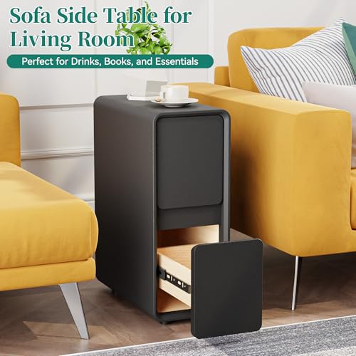 7.8" W Leather Narrow Nightstand Set of 2, Modern Fully-Assembled Bedside Table with 2 Drawers, White Night Stand Small Accent End Table & Side Table for Bedroom, Black - color: Black Set of 2, size: 8in