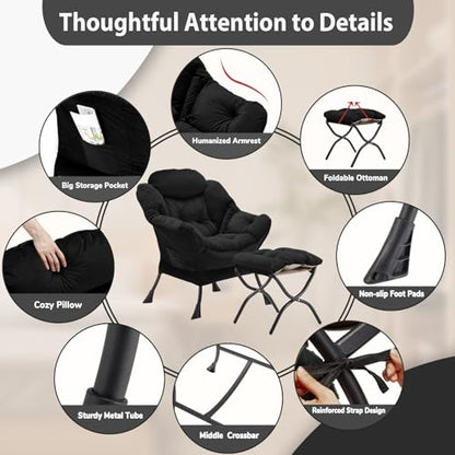 Youtanic Lazy Chair with Folding Ottoman, Accent Chair Velvet Upholstered with Metal Structure and Non-Slip Pads, Sofa Armchair with Footrest and Side Storage Bag for Dorm, Room, Office, Black - color: Black-f