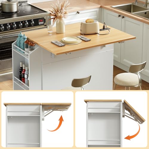 HOOBRO Kitchen Island with Drop Leaf Countertop & Power Outlet, Rolling Island Cart on Wheels, Kitchen Cart with Drawer & Spice Rack, Mobile Island Table for Kitchen, White and Natural WN86UZD01 - color: Natural + White
