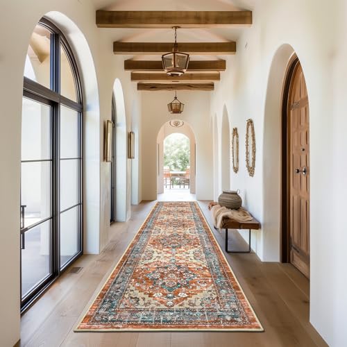 Bsmathom Runner Rug for Hallways Non Slip Washable Boho 2’6”x12 Hallway Low Pile Throw Rugs Vintage Carpet Runners for Entry Way, Kitchen, Laundry Room, Bathroom - color: Brown Red, size: 2'6" x12' (Runner)