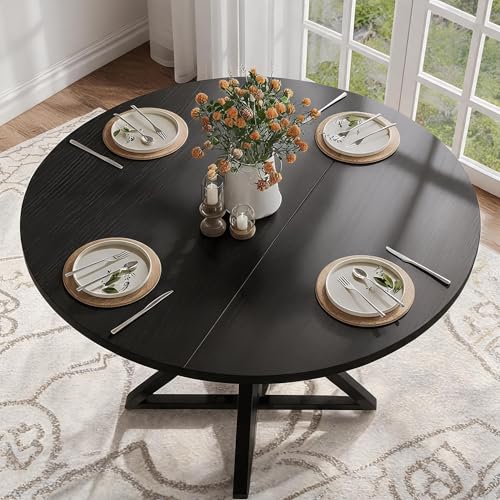 GarveeHome 47 Inch Round Dining Table for 4-6-Black/Only Table | Circle Kitchen Table with Pedestal Base, Farmhouse Wooden Dining Table for Small Spaces, Kitchen & Dining Room, Living Room - color: Black