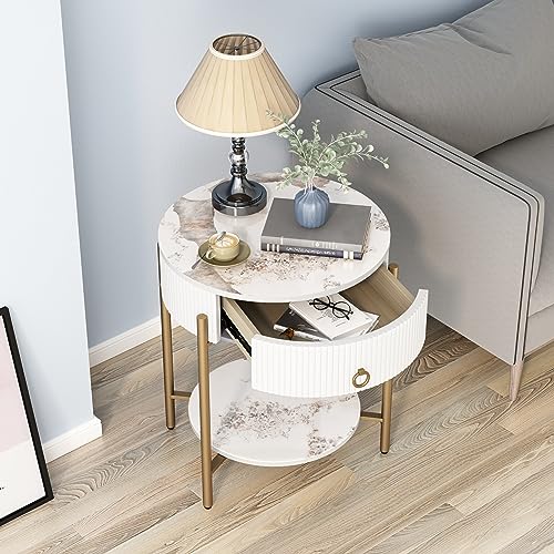 OIOG Round End Table, Nightstand with Storage, Marbling Natural Stone/Gold | Side Table with Storage Drawer, Shelf, Metal Legs, 2 Tier, Modern Design, For Living Room, Bedroom, Office,White and Gold - color: Gold