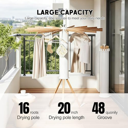 Clothes Drying Rack Foldable, Rotary Tripod Laundry Drying Rack,16 Wooden Poles,Rotatable Portable Floor Standing Clothes Airer,Laundry Drying Rack Floor Standing