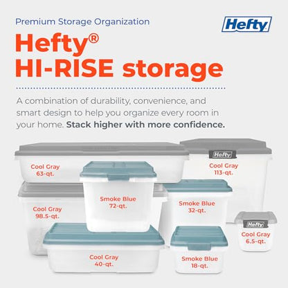 Hefty 6 Pack Lift Off Storage Bin with Lid, 32 Quart, Smoke Blue | Stackable Clear Plastic Container Totes for Home, Office, and Classroom Organization - size: 32 Qt - 6 Pack
