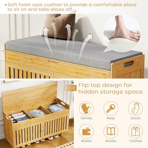 Shoe Storage Bench Coat Rack Set, 35.4" Bamboo Hall Tree Entryway Bench | Shoes Bench with Lift Top Hidden Storage & Wall Hooks, 2-Tier Shoe Cabinet with Seat Cushion for Foyer, Hallway, Natural - color: Natural With Hooks