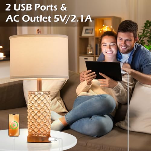 SAIWEYA 24in Crystal Table Lamp Bedroom Lamps for Night Stand Bedside | 3-Way Dimmable Touch with Night Ligh, 2 USB Ports + AC Outlet, White Fabric Shade, LED Bulb Included - color: Rose Gold-1 Pack 24In