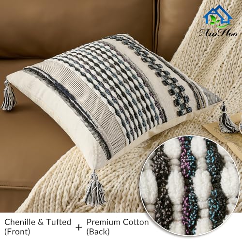 Chenille Striped Textured Boho Throw Pillow Covers Aesthetic with Tassels Woven Decorative Pillow Case for Couch Bed Sofa Bedroom Modern Funky 18 x 18-Inch Black Multicolor - color: Black Multicolor, size: 18" x 18" (Pack of 1)
