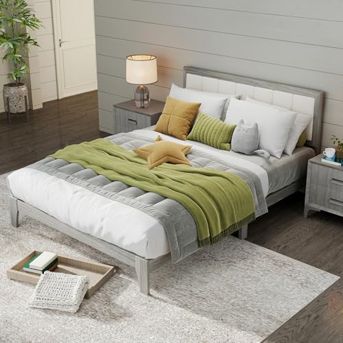 HOMCOM Queen Size Bed Frame, Upholstered Headboard, Wooden Slats, Gray | Platform Bed Frame, No Box Spring Needed, Easy Assembly - size: Queen