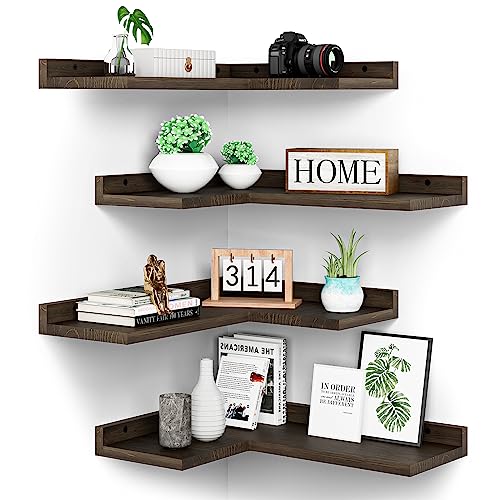 Floating Corner Shelves Set of 4, Rustic Pine Wooden Floating Corner Wall Shelf for Wall Décor Storage, L Shaped Corner Shelf Wall Mount For Bedroom, Living Room, Bathroom, Kitchen, Dark Brown. - color: Dark Brown Corner Shelves