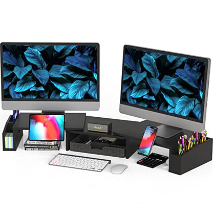 Simple Houseware Desk Dual Monitor Stand Riser with Drawer, Black | Customizable Organizer Tray, Built-In Phone & Tablet Slot and Side Storage - color: Black