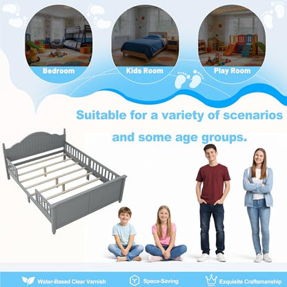 Full Size Kids Bed Frame with Removable Guardrails, Low Profile, Gray | 3 guardrail setups: all installed, front removed or all removed; 8 slats; 6-inch mattress sold separately; no box spring - color: Grey, size: Full