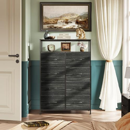 WLIVE 8 Drawer Fabric Dresser Open Shelves, Tall Bedroom Chest, Charcoal | 8 fabric drawers plus open shelves, steel frame with wood top, great for bedroom closet entryway and dorm storage - color: Charcoal Black Wood Grain Print, style: Raised Shelves