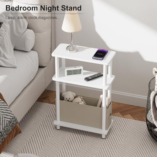 Apicizon Narrow Side Table with Fabric Basket, 3-Tier End Table, White | Sofa Side Table, Wood Storage Shelf, Slim Nightstand, Skinny Bedside Table for Narrow Spaces, Living Room, Bedroom - color: White, style: Narrow Side Table with Basket