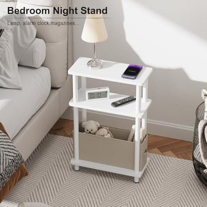 Apicizon Narrow Side Table with Fabric Basket, 3-Tier End Table, White | Sofa Side Table, Wood Storage Shelf, Slim Nightstand, Skinny Bedside Table for Narrow Spaces, Living Room, Bedroom - color: White, style: Narrow Side Table with Basket